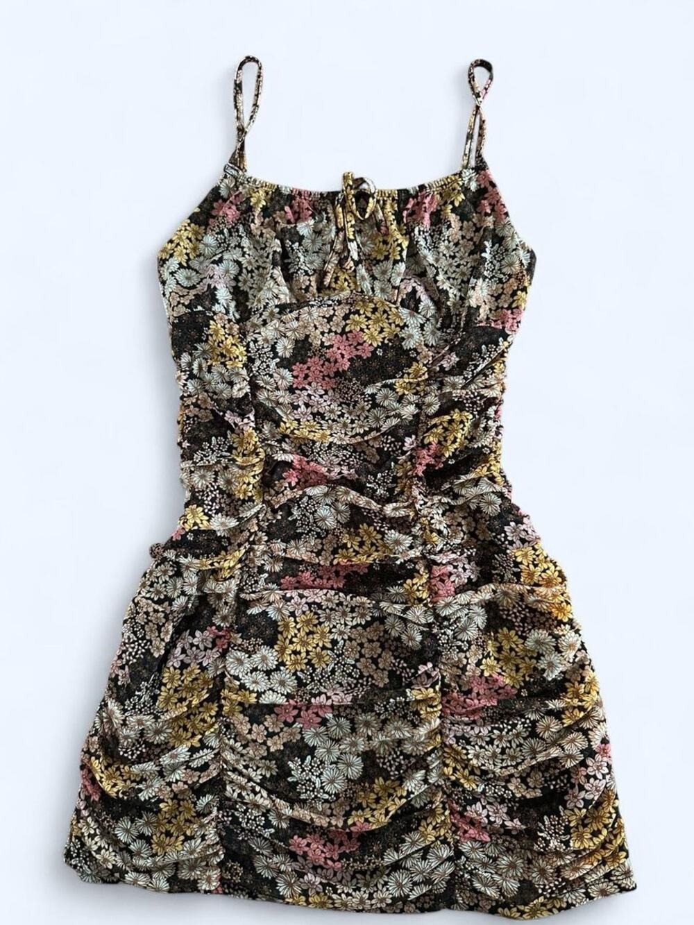 NWT Ultra Flirt Black Floral Ruched Bodycon Slip Mini Dress Spaghetti Strap L